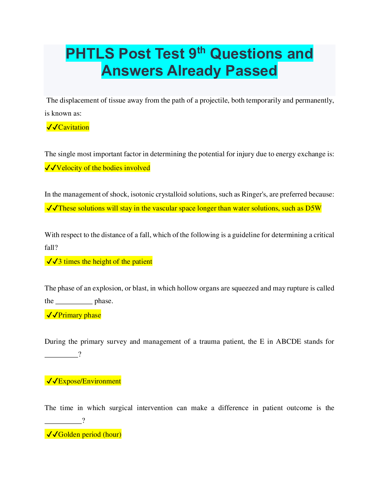 PHTLS Post Test 9th Questions and Answers Already Passed